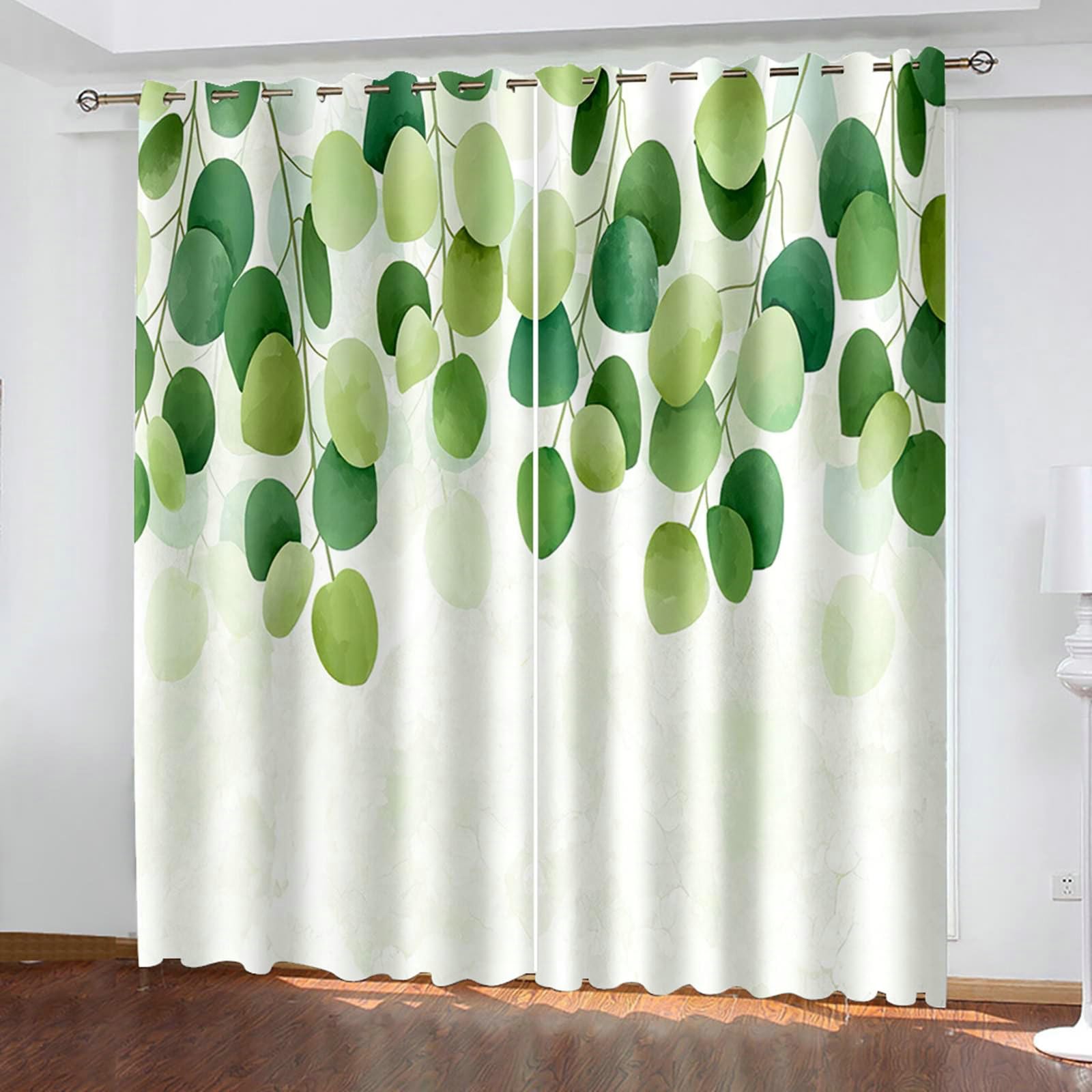 Vorhänge Verdunkelung, Gardinen Grün Zweige Blätter H 138 x B 96 cm Blickdicht Vorhang mit Ösen für Wohnzimmer, 2er Set
