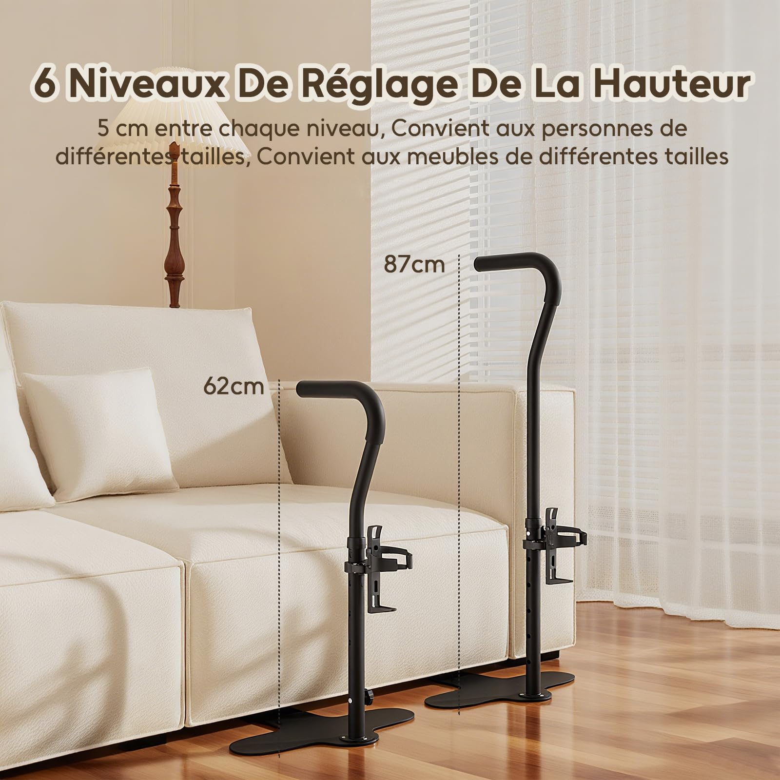 Support pour personnes âgées avec porte-gobelets, réglable en hauteur, poignée de sécurité pour canapé ou chaise, support de la vie quotidienne pour personnes âgées, handicapées et handicapées (noir)
