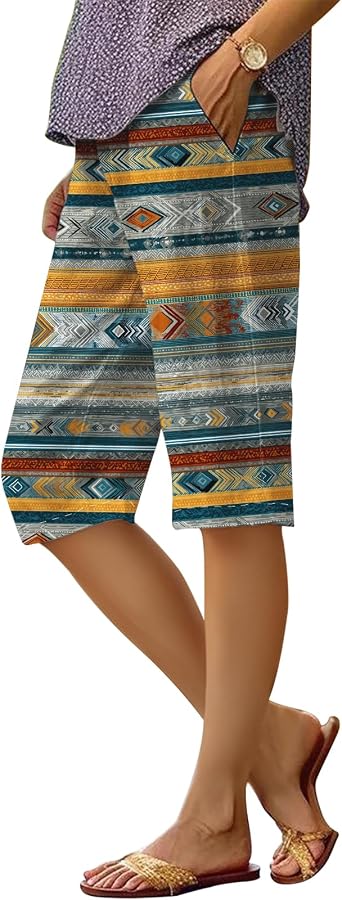 Womens Summer Casual Beach Bermuda Shorts Aztec Striped Pant Loose Knee Length Wide Leg Athletic Pants with Pockets