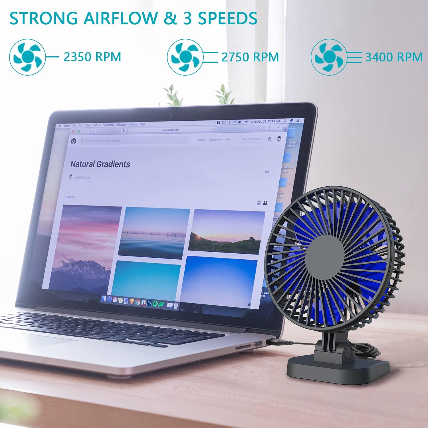 xasla USB Desk Fan with 3 Settings, Small Personal Quiet Desktop Fan with Strong Airflow & 40° Adjustable Tilt Angle, Portable Cooling Mini Fan for Desktop Office Home Bedroom (Black-Blue)