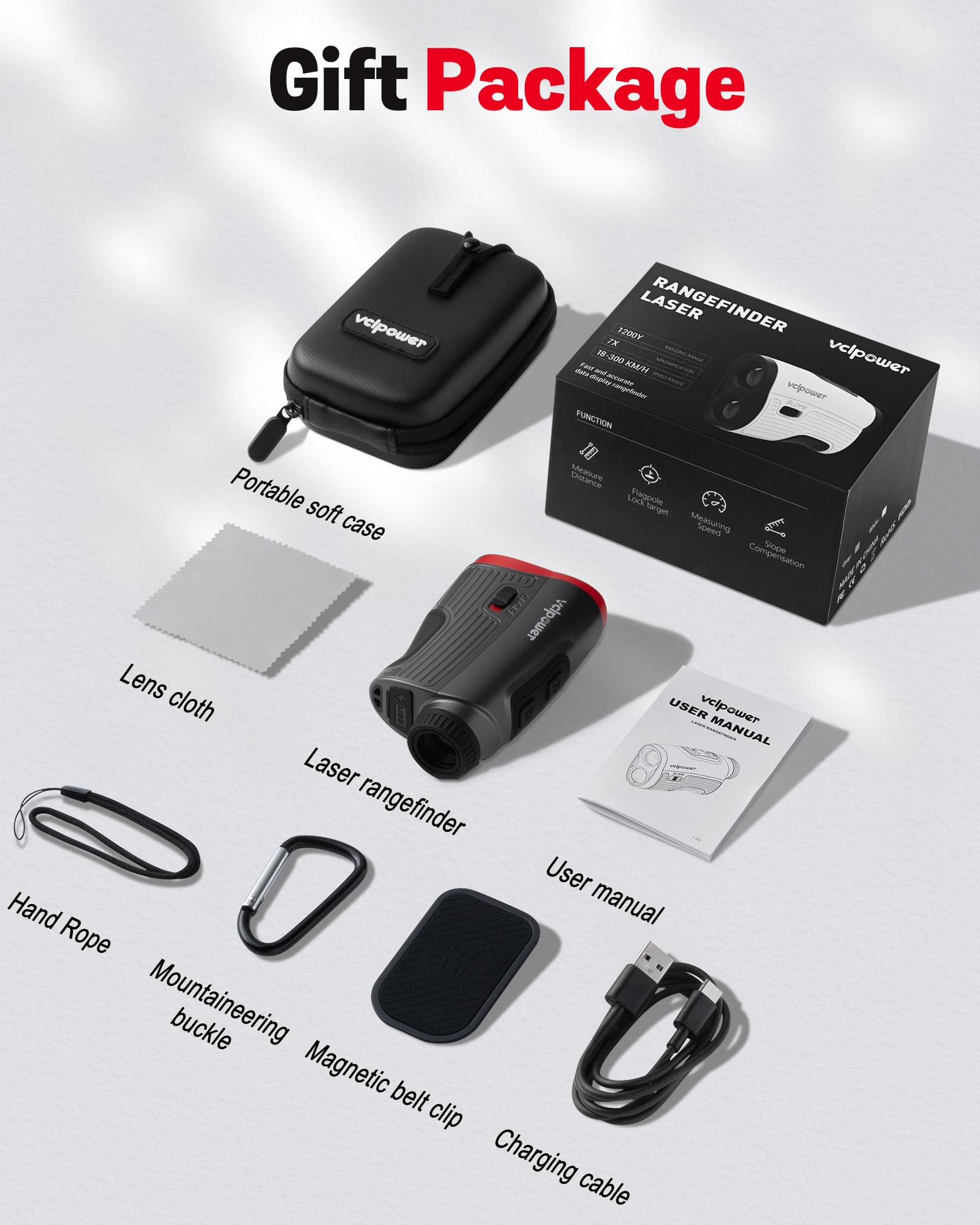 Télémètre de golf avec pente, télémètre laser de 1 200 m pour golf et chasse, grossissement 7x, vibration de verrouillage du drapeau, batterie rechargeable, bande magnétique, accessoires de golf