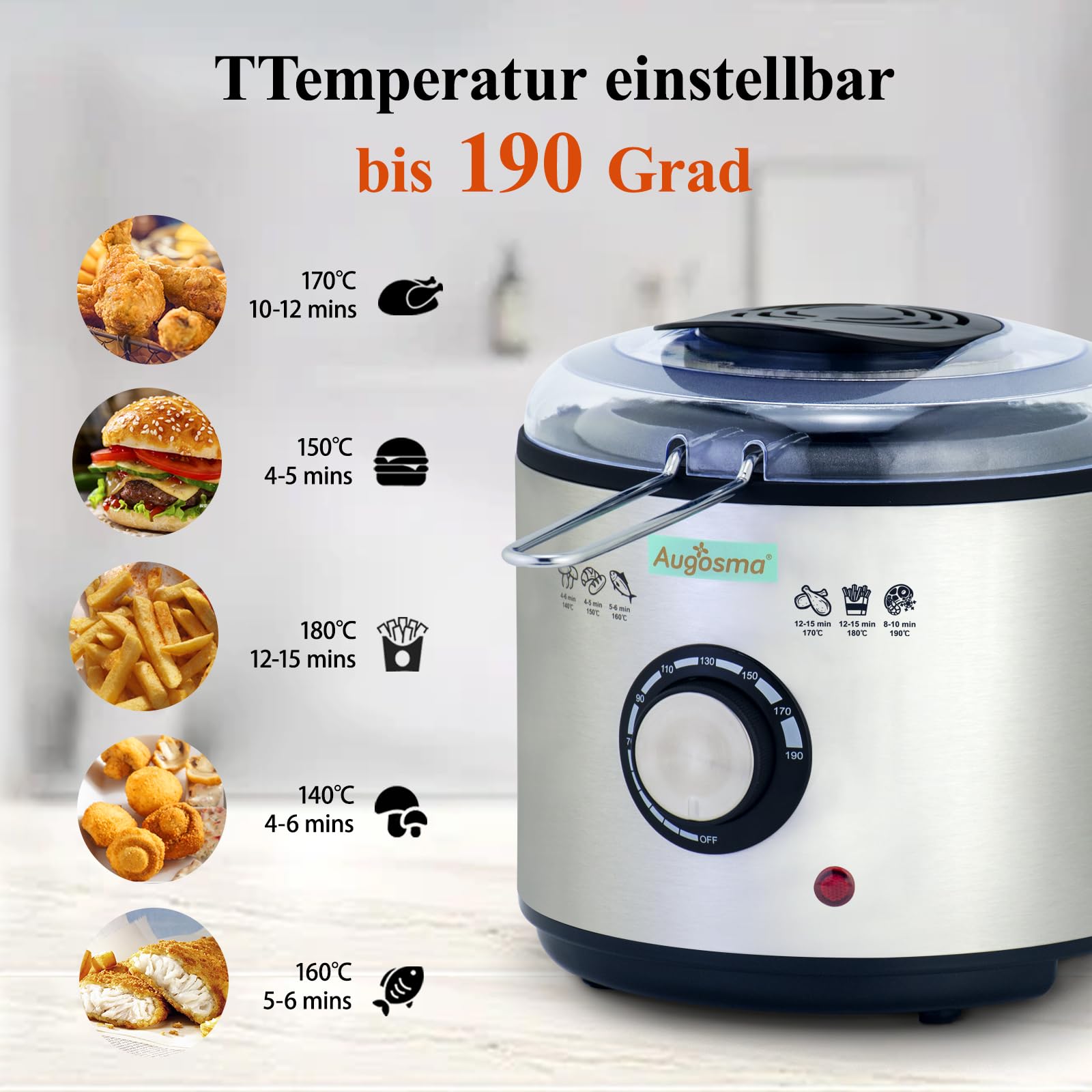 Mini friteuse à huile | 850-950 W l Capacité : 1 l l Fenêtre de visualisation l Panier à friture en acier inoxydable l Température réglable l Isolation thermique l Revêtement en caoutchouc