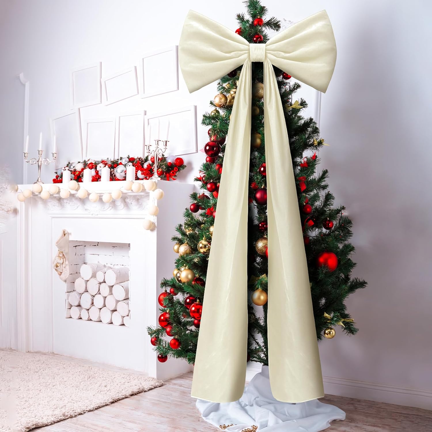 20 x 71 Inches Christmas Extra Large Velvet Bows Christmas Tree Topper Decor Giant Xmas Tree Toppers Bows for Home Wreath Wall Backdrop Birthday Wedding Party Decorations(Beige) - Image 6
