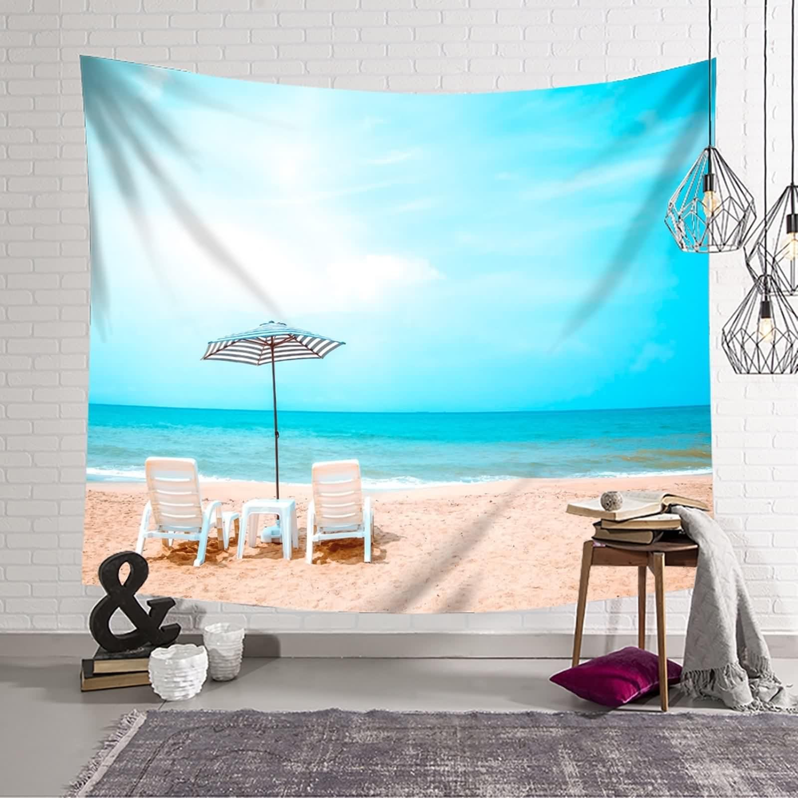 Tapiz Pared Azul, Tapiz Pared 260X240CM Sillón Reclinable Playa Mar Poliéster Decoracion Salon