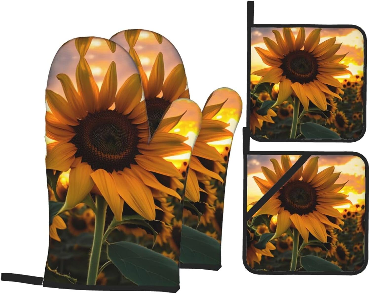 Farm Sunflower Oven gloves and heat-resistant mat 4-piece set. Suitable for grilling, microwave oven frying, and baking