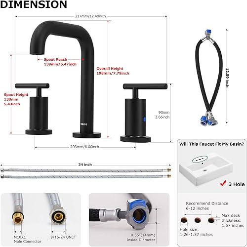 Miniatura 5 de PARLOS Grifo generalizado para fregadero de baño de 8 pulgadas grifo de tocador de 3 agujeros con drenaje de fregadero líneas de suministro de grifo