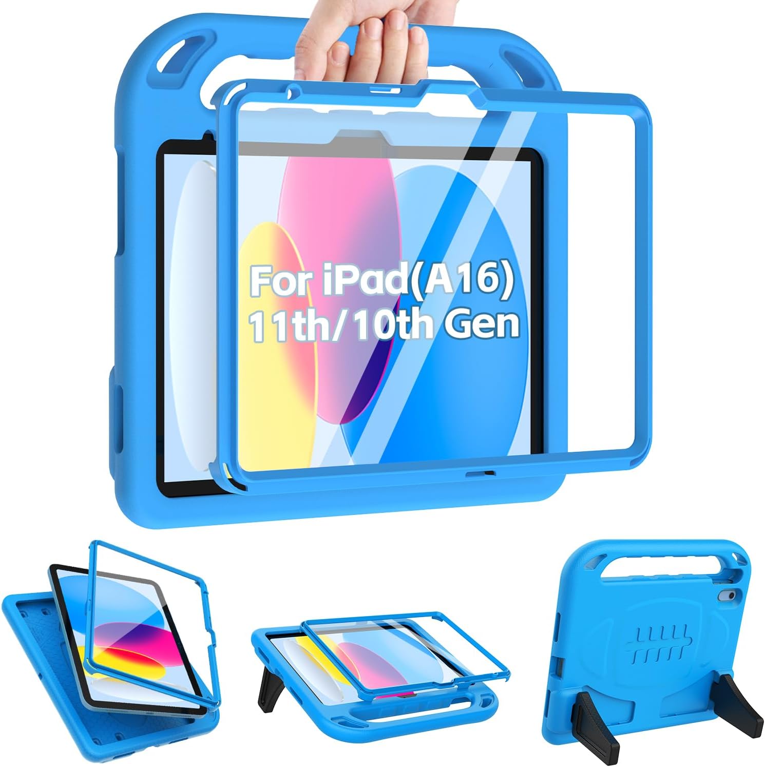 TIRIN Kids Case for iPad A16 11th Generation 2025/iPad 10th Generation 2022 with Built-in Screen Protector, Shockproof Handle Stand iPad Case for Kids, Blue