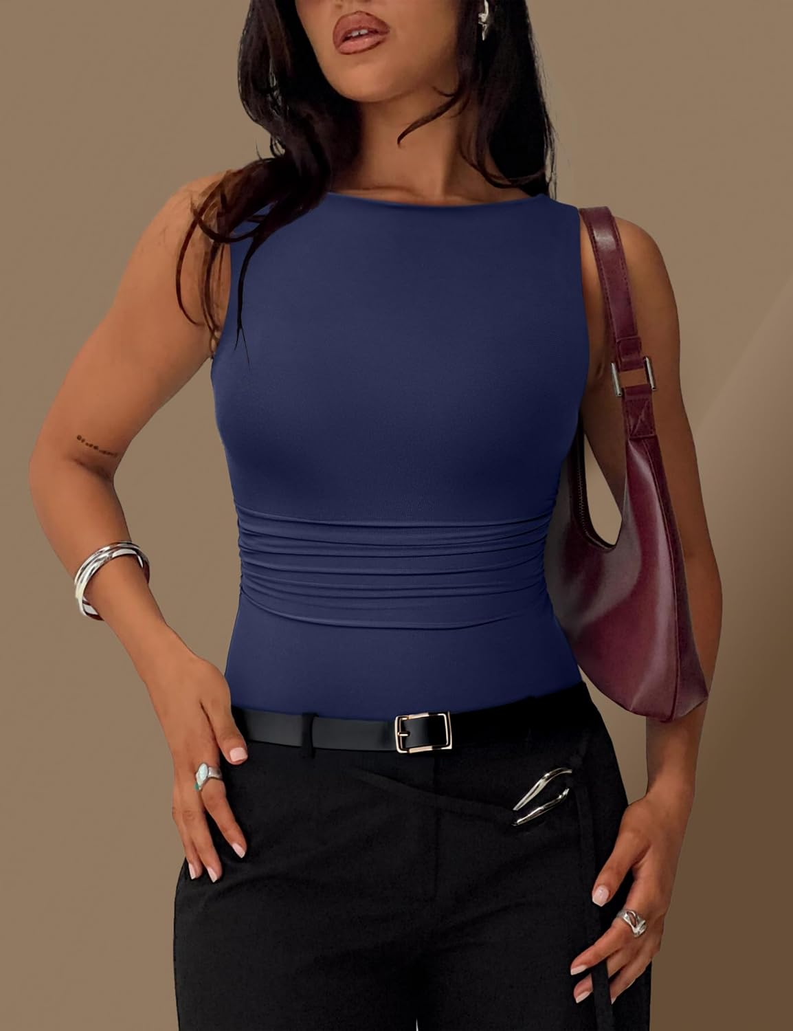 SAUNGKUAI Women's Sleeveless Shirts Mesh Ruched Bodysuit Double Lined Boat Neck Body Suits Going Out Tops Date Outfits - Image 3