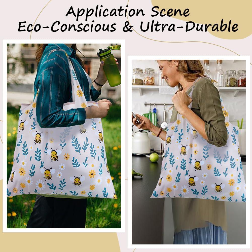 CREATCABIN Christmas Reusable Grocery Bag Foldable Shopping Bags Large Totes with Handles Heavy Duty Washable Polyester Gifts - Image 5