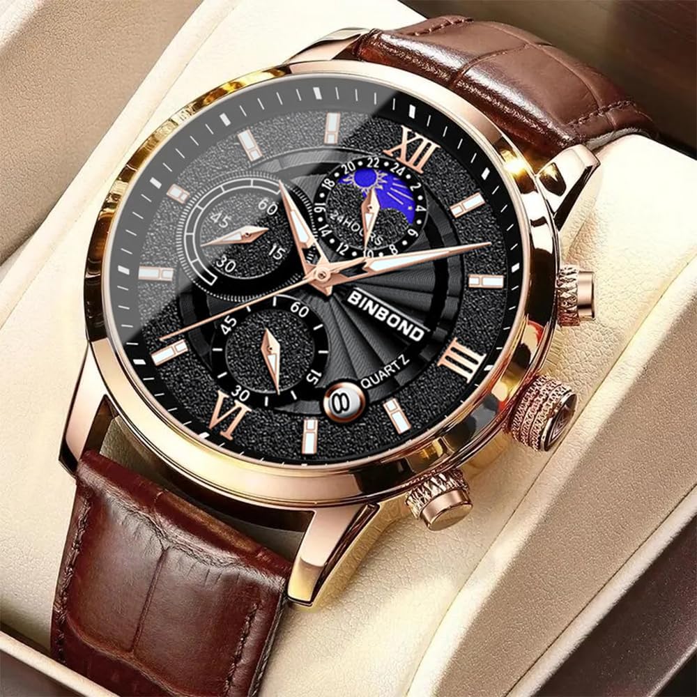 Relógio Masculino Cronógrafo Multifuncional Relógio de Pulso de Luxo com Pulseira de Couro Marrom para Homens Relógio Masculino Cronógrafo Multifuncional Relógio de Pulso de Luxo com Pulseira de Couro Marrom para Homens
