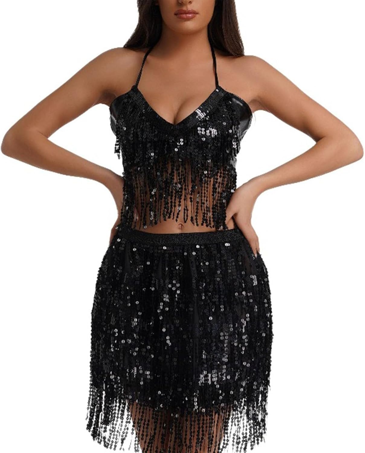 Women 2Pcs Belly Dance Dress Sequin Tassel Bra Top with Fringe Sparkly Skirts Set Carnival Clubwear Outfits