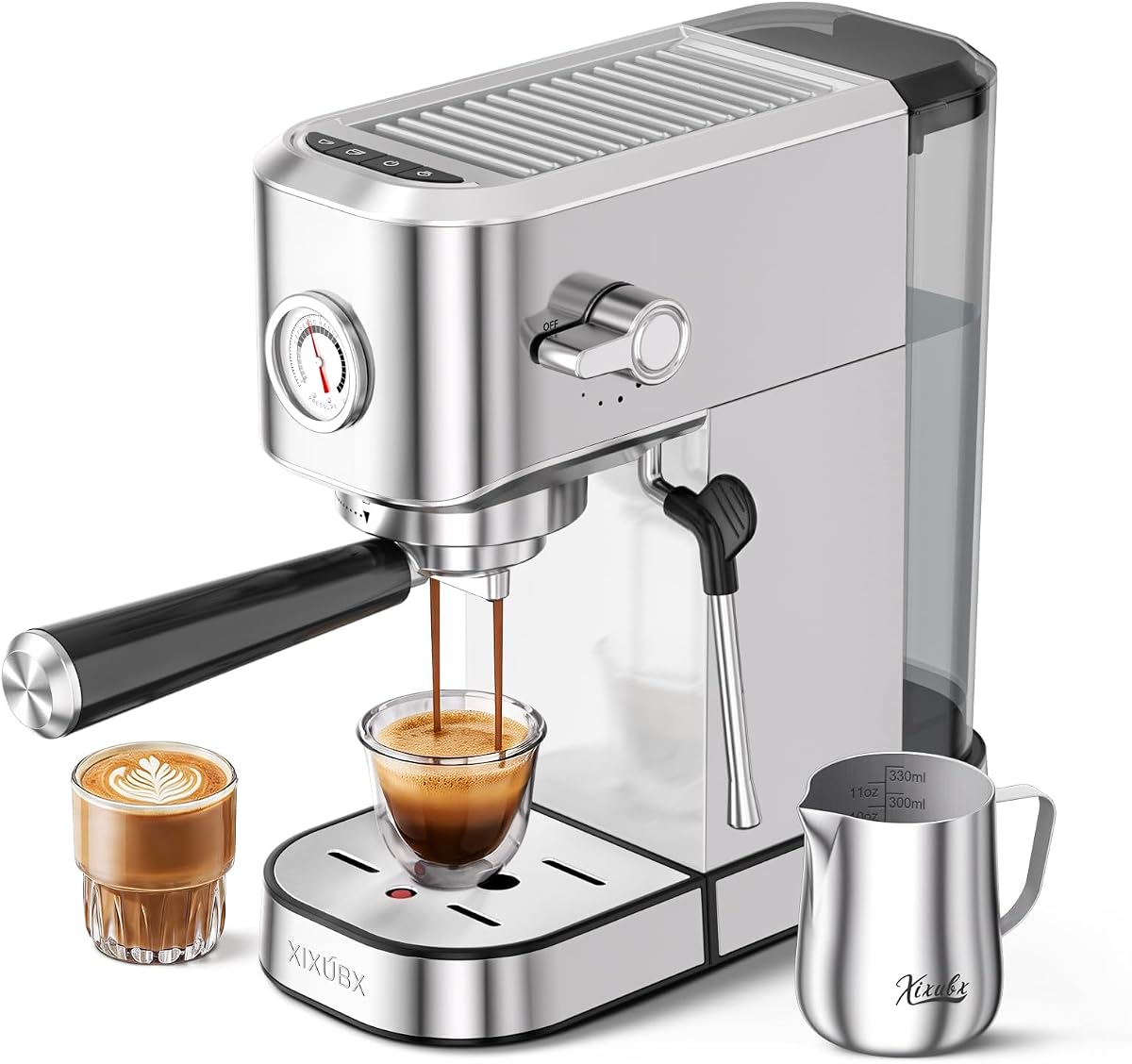 Espresso Machine with Milk Frother for Cappuccino & Latte | 20-Bar Pump, Built-in Pressure Gauge, Powerful Steam Wand, Milk Frothing Pitcher, 42 oz Removable Water Tank, Stainless Steel