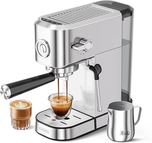 XIXUBX 20 Bar Espresso Machine, Compact Stainless Steel Espresso Maker with Milk Frother and Milk Frothing Pitcher, Coffee Machine for Cappuccino and Latte, 42 oz Water Tank for Home, Office, Silver