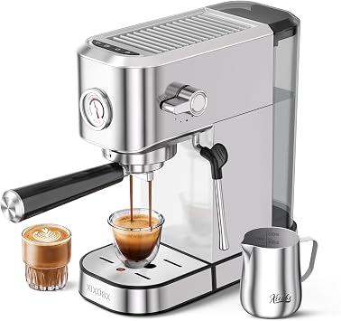 XIXUBX 20 Bar Espresso Machine, Compact Stainless Steel Espresso Maker with Milk Frother and Milk Frothing Pitcher, Coffee Machine for Cappuccino and Latte, 42 oz Water Tank for Home, Office, Silver