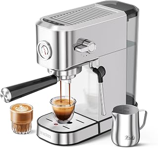 XIXUBX 20 Bar Espresso Machine, Compact Stainless Steel Espresso Maker with Milk Frother and Milk Frothing Pitcher, Coffee Machine for Cappuccino and Latte, 42 oz Water Tank for Home, Office, Silver