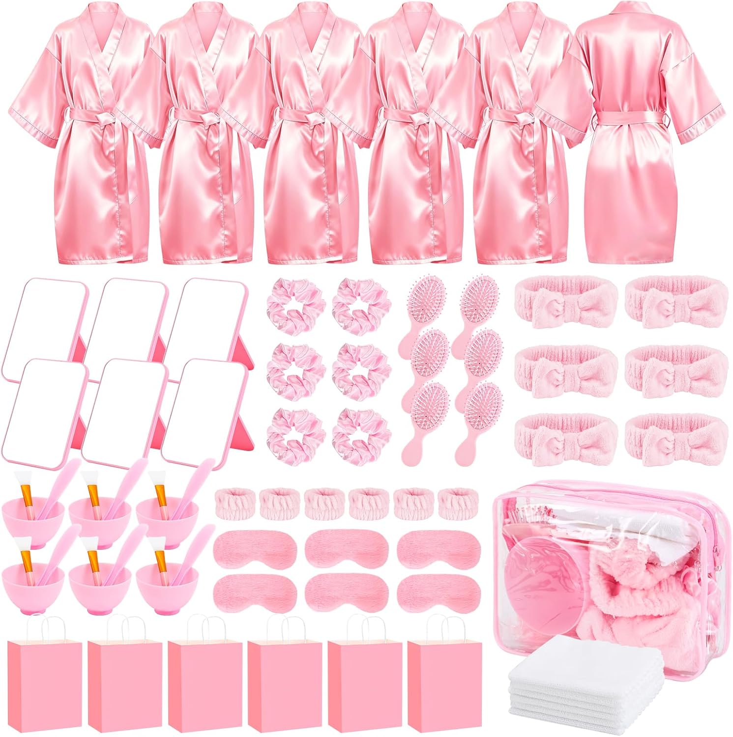 78Pcs/6Set Spa Party Supplies for Girls Pink Kids Sleepover Party Favors with Satin Robe Mirror Headband Scrunchies Eye Masks Combs Towel Mixing Bowl Cosmetic Bags for Slumber Birthday Christmas Gift