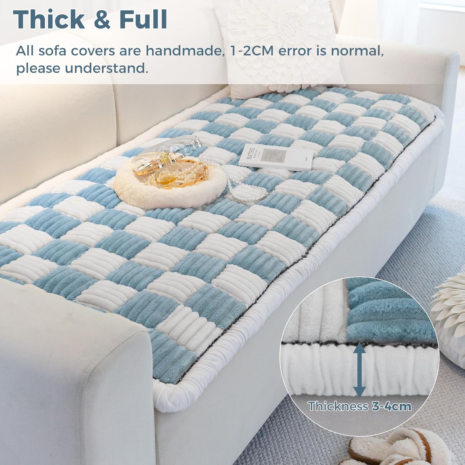 Fuzzy Cream-Coloured Plaid Square Pet Couch Cover for Dogs - Washable, Anti-Slip, Funny, Blue (27.6x70.9in, 3 Cushion)