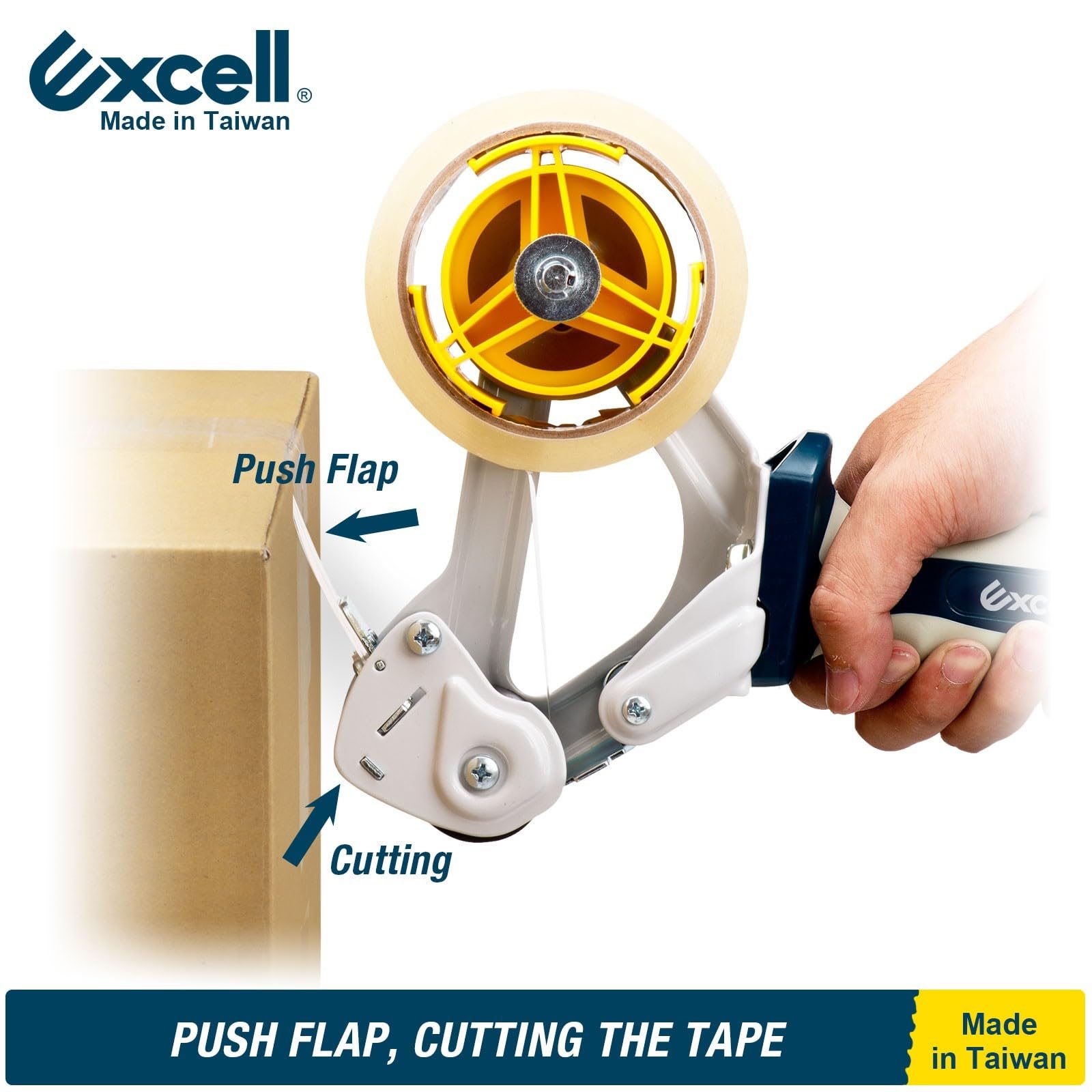 Excell Dispenser di nastro da imballaggio PushFlap, pistola per nastro e 1 rotolo di nastro (48 mm x 50 m) utilizzato per spedizioni, traslochi, ufficio e magazzino (un set + 1 rotolo di nastro)