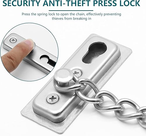 Miniatura 10 de Paquete de 2 cerraduras de cadena de puerta con resorte, protector de cadena de seguridad de acero inoxidable, cerradura de prensa antirrobo para