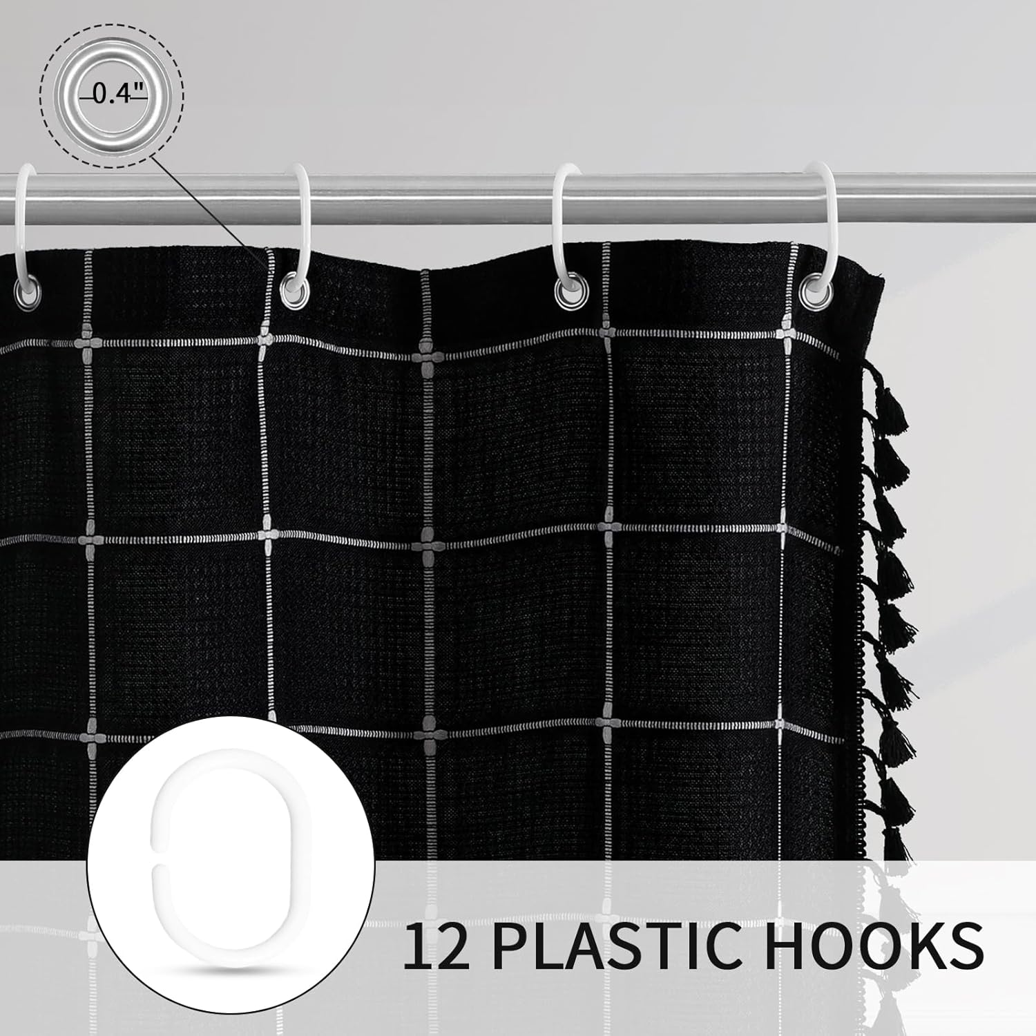 Gibelle Small Stall Shower Curtain 36 x 72, Narrow Half Boho Farmhouse Tassel Shower Curtain, Rustic Country Aesthetic Waffle Chic Textured Bathroom Curtains Shower Set with Hooks, Black