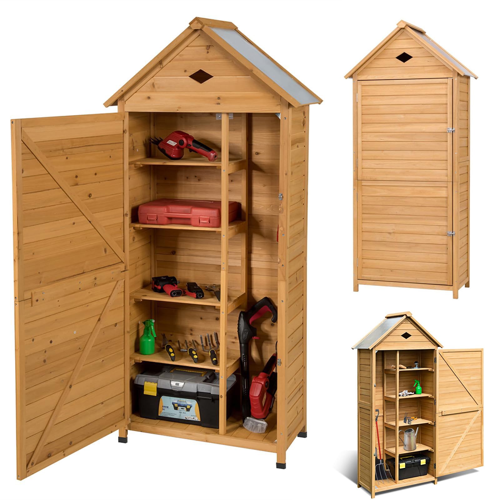 RELAX4LIFE Armadio da Esterno in Legno Massello con Tetto in Lamiera Zincata – Impermeabile e Antiruggine – 4 Ripiani Regolabili + Scomparto Alto per Attrezzi (80x45x177cm)