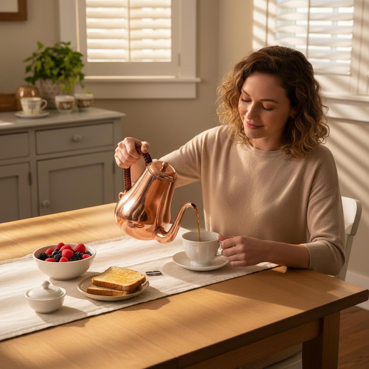 Copper Tea Kettle for Pour Over Coffee and Tea 1L Stovetop Kettle with Safe Coating-Free Interior Classic Brown Copper Pot, Smooth