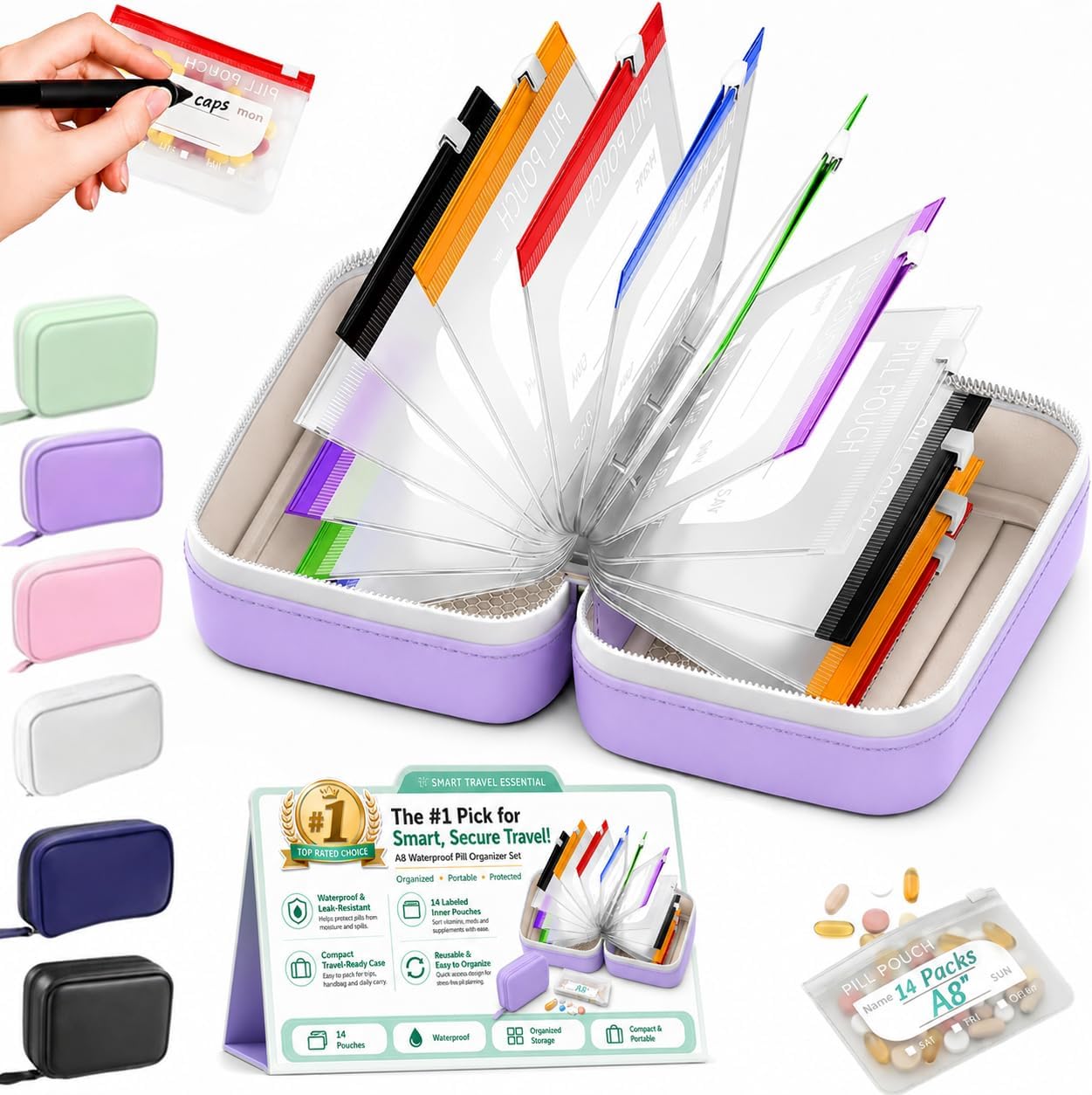 Waterproof Pill Pouch Set 14Pcs Bags Inside A8 Pill Pouches for Travel Organizer Flexible Binder Case for Medicine Portable Zipper Air Tight Pocket Carrier Bag Jewelry Supplement Storage(Purple)
