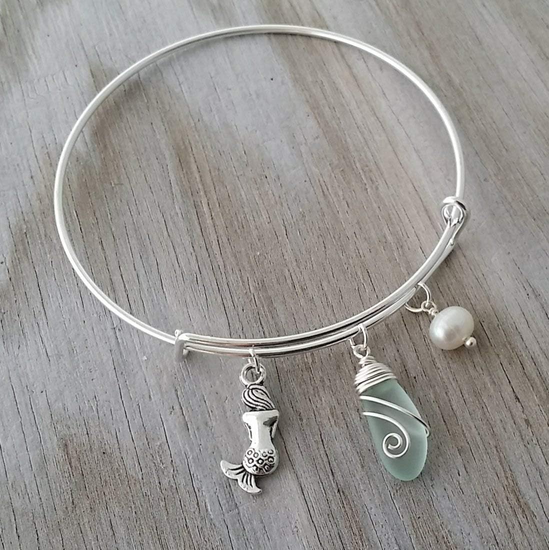 Handmade wire wrapped seafoam sea glass bracelet, mermaid charm, Natural pearl, (Hawaii Gift Wrapped, Customizable Gift Message)