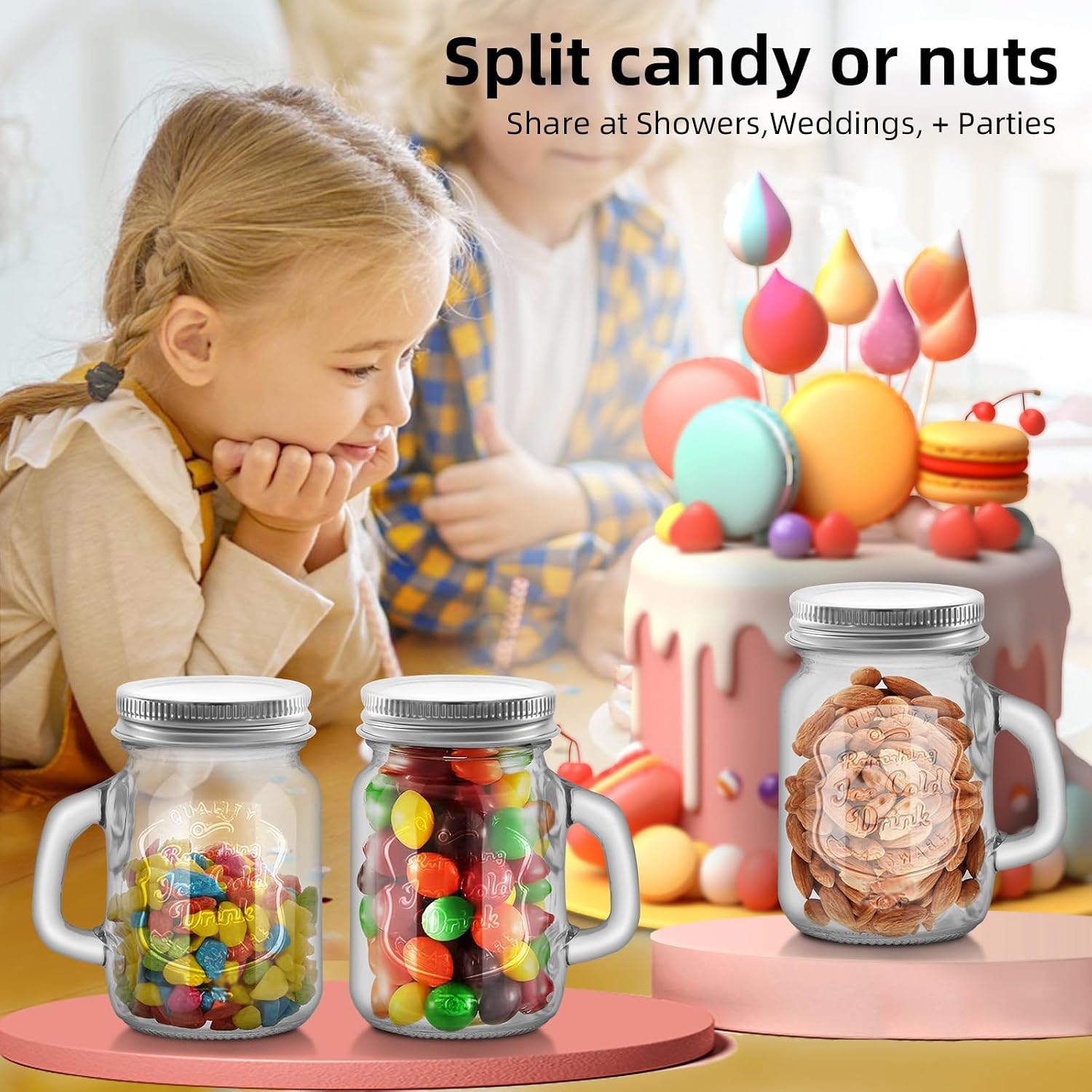 2 Pcs 4 oz Mini Mason Jar Mugs Mason Jar Mugs with Handles and Lids Small Drinking Glass and DIY Favor Decor Wedding Bridal Shower Party Supplies for Drinks, Gifts, Candles and Crafts (Silver lid)