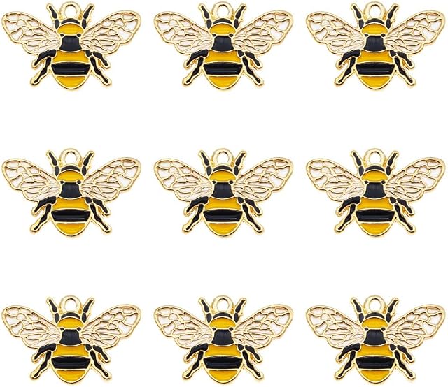 Pack of (x16) Paint Gold Enamel Alloy Charms Honey Bee Shaped Craft for Bracelets Earrings Necklaces Pendants DIY Jewellery Making Accessories Approx.26x17mm (Gold)