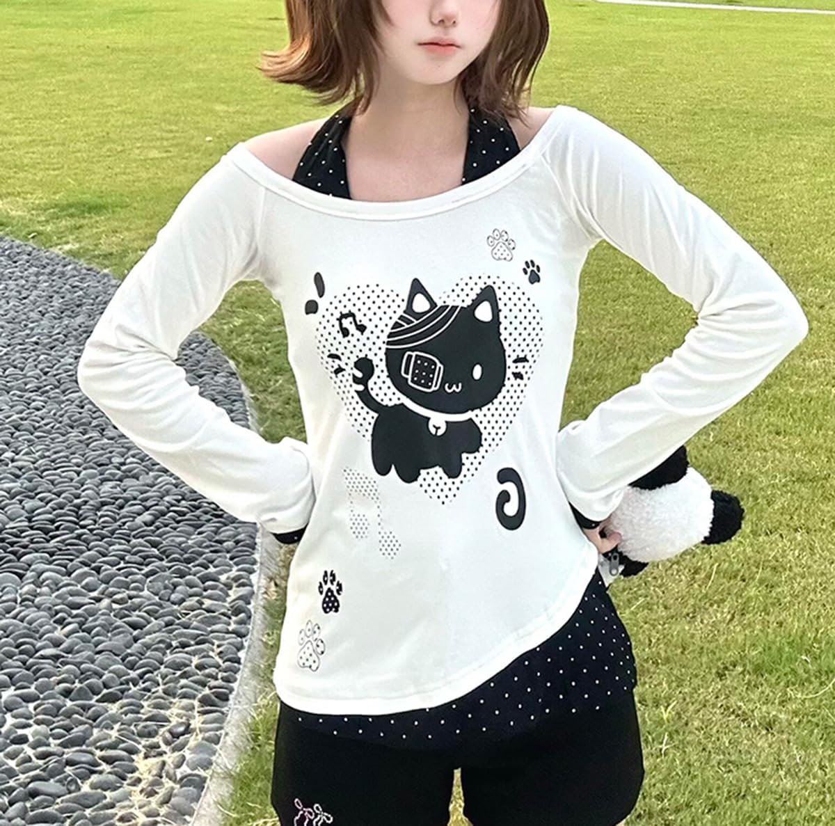 Y2K Off Shoulder Kawaii Cute Graphic Sweatshirt Casual Long Sleeves Hrajuku Tops Cat Print Pullover Sweatshirts - Image 2