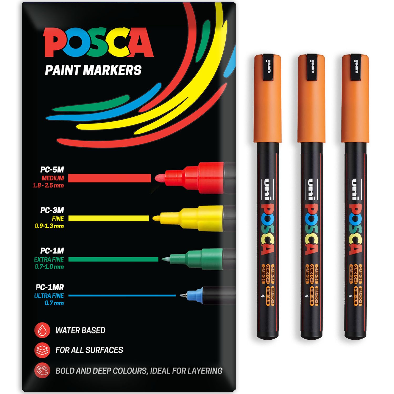 Posca Water Based Acrylic Paint Marker Pens | Multi Surface Use Permanent Paint Pen | Pack of 3 Pens in Envelope Gift Packaging | Glass, Fabric, Canvas, Wood etc | PC-1MR, Orange