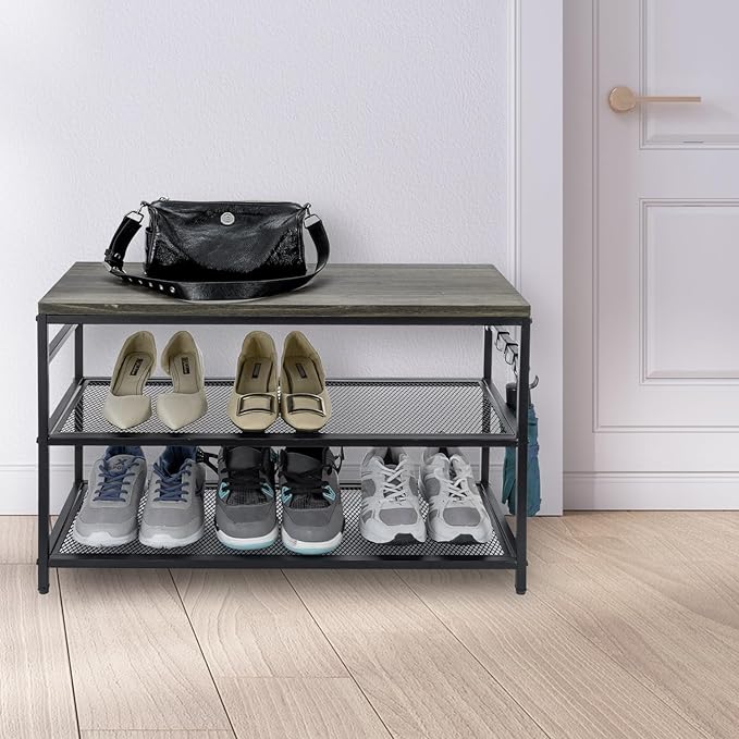 Black Metal Entryway Shoe Rack w/ Gray Wood Shelf, &nbsp;Shoe Display Rack w/ Hooks