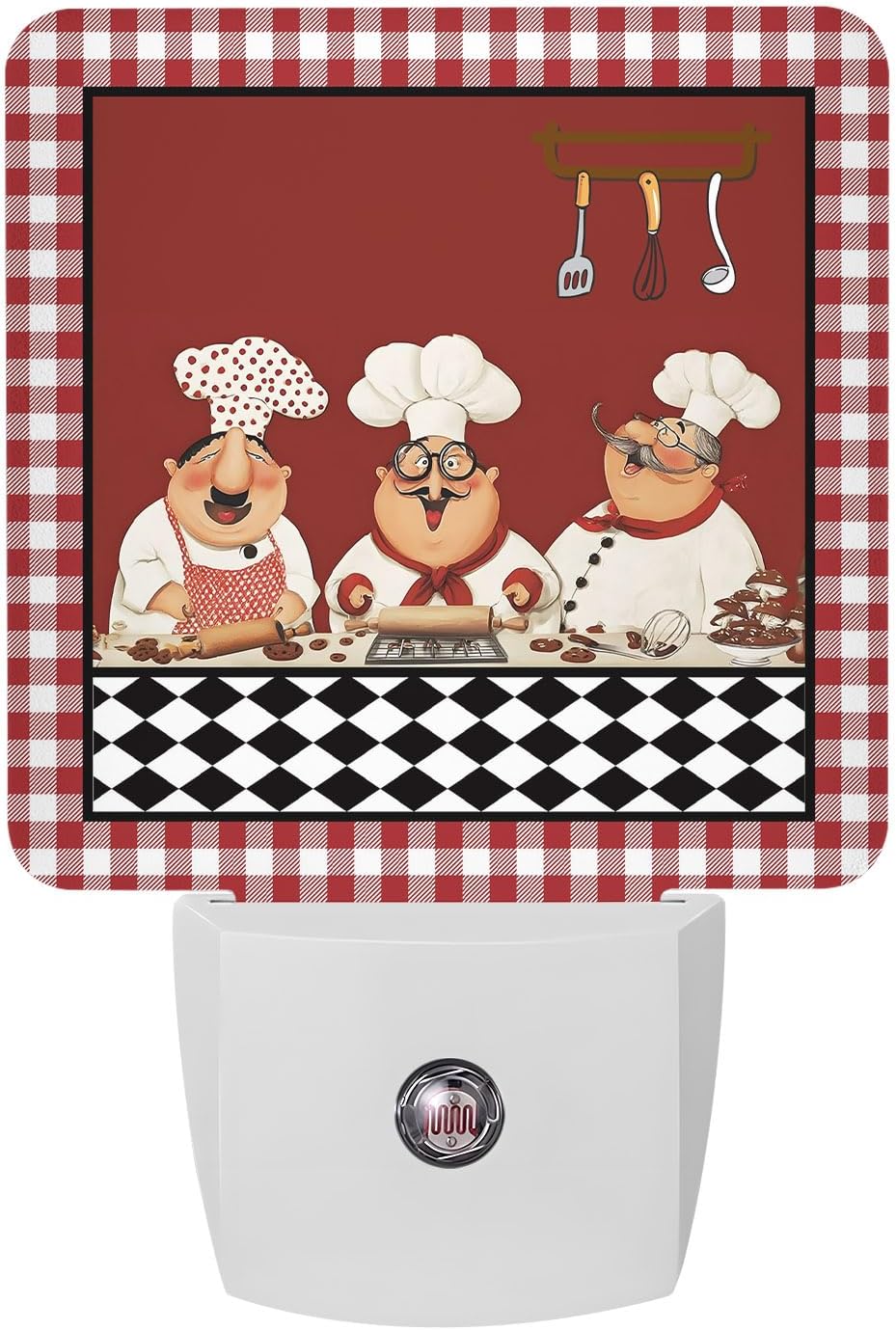 Night Lights Plug into Wall, Fat Chefs LED Night Light with Light Sensors, Kitchen Cooking Food Red Buffalo Plaid Dusk to Dawn Decorative Nightlight for Bedroom Bathroom Hallway Kitchen Decor