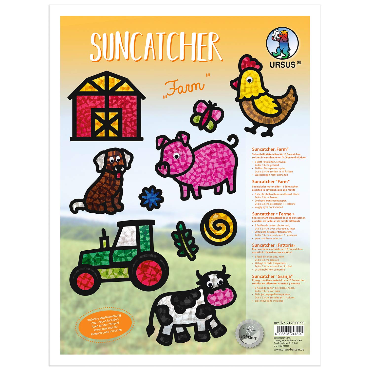 URSUS Suncatcher Farm Laser Cut 8 Photo Card Black 20 Sheets Transparent Paper Assorted in 11 Different Colours Includes Instructions, 24,8 x 33 cm