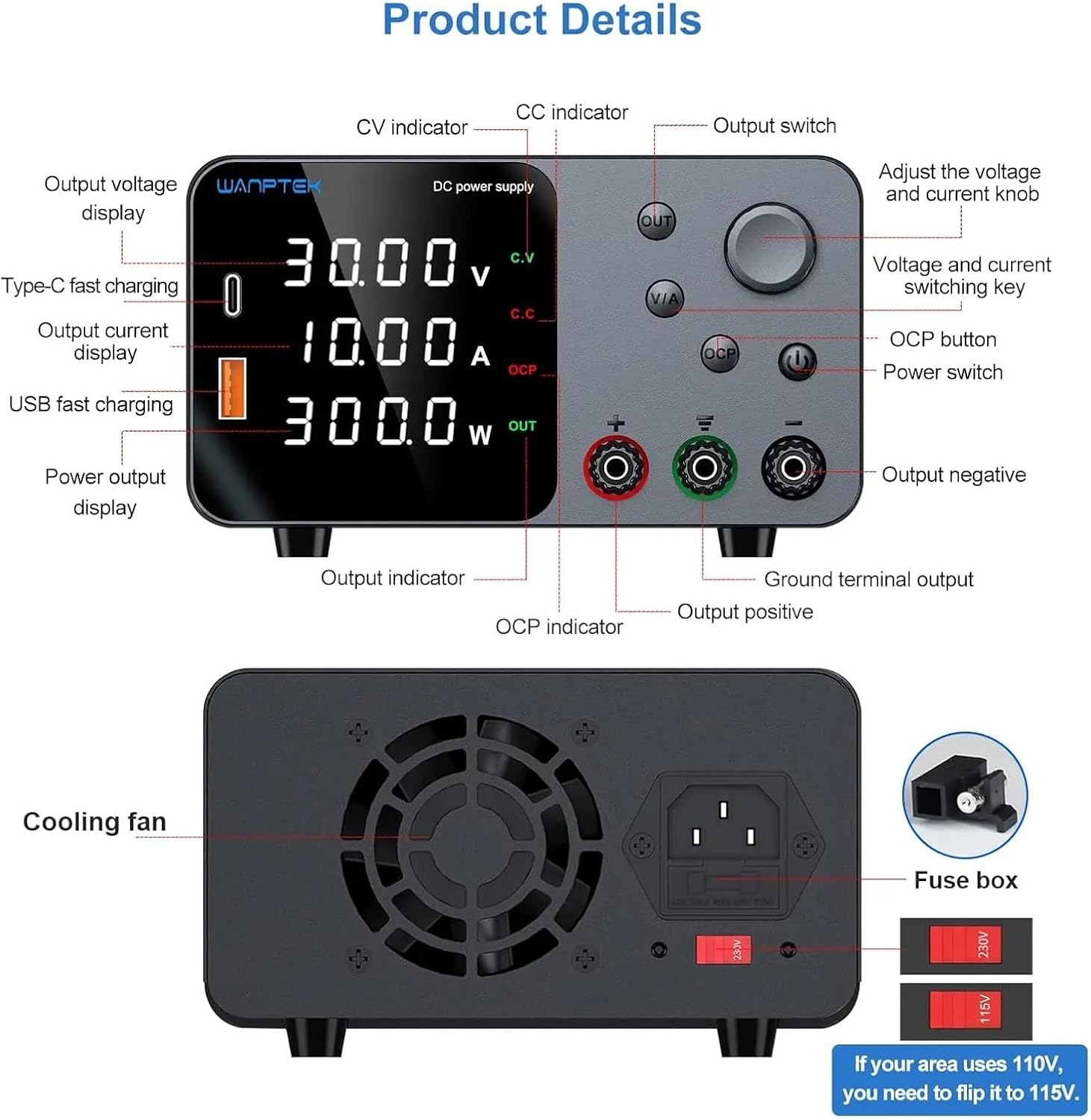 Detailed diagram of the DC power supply showing labels for all front and rear panel components including display, knobs, buttons, ports, cooling fan, and fuse box.