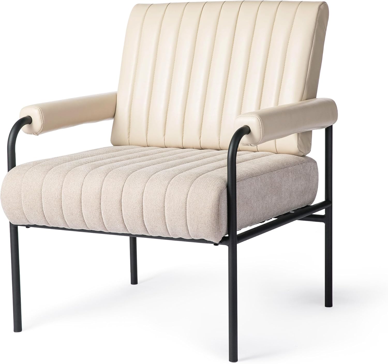 Glitzhome Living Room Chair, Mid Century Modern Comfy Arm Chair Padded Armrest Reading Chair, Ergonomic Accent Chair with PU Backrest and Fabric Seat, Cream