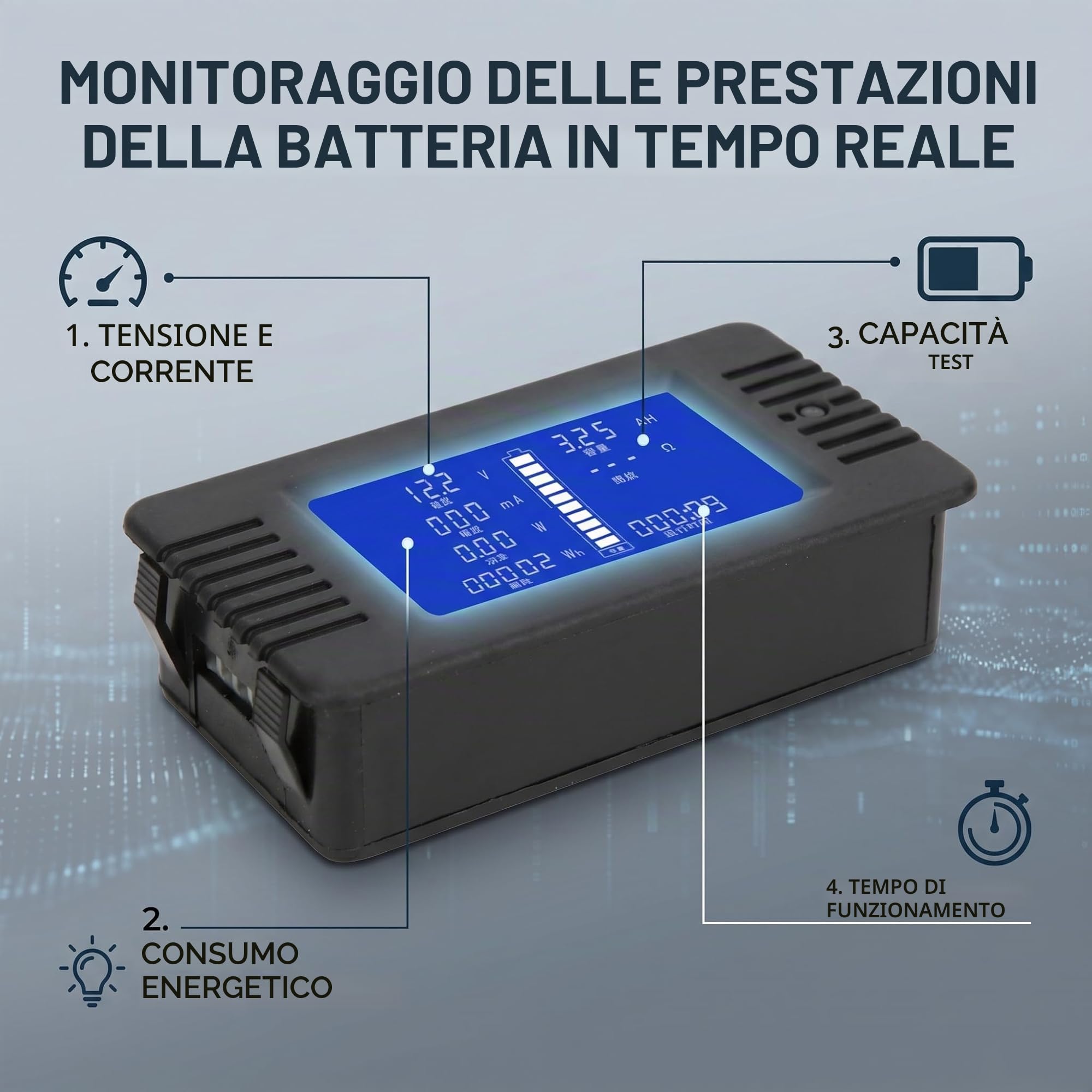 Monitor Batteria con Display LCD e Shunt Integrato 200A per Tensione 0-200V Corrente Continua