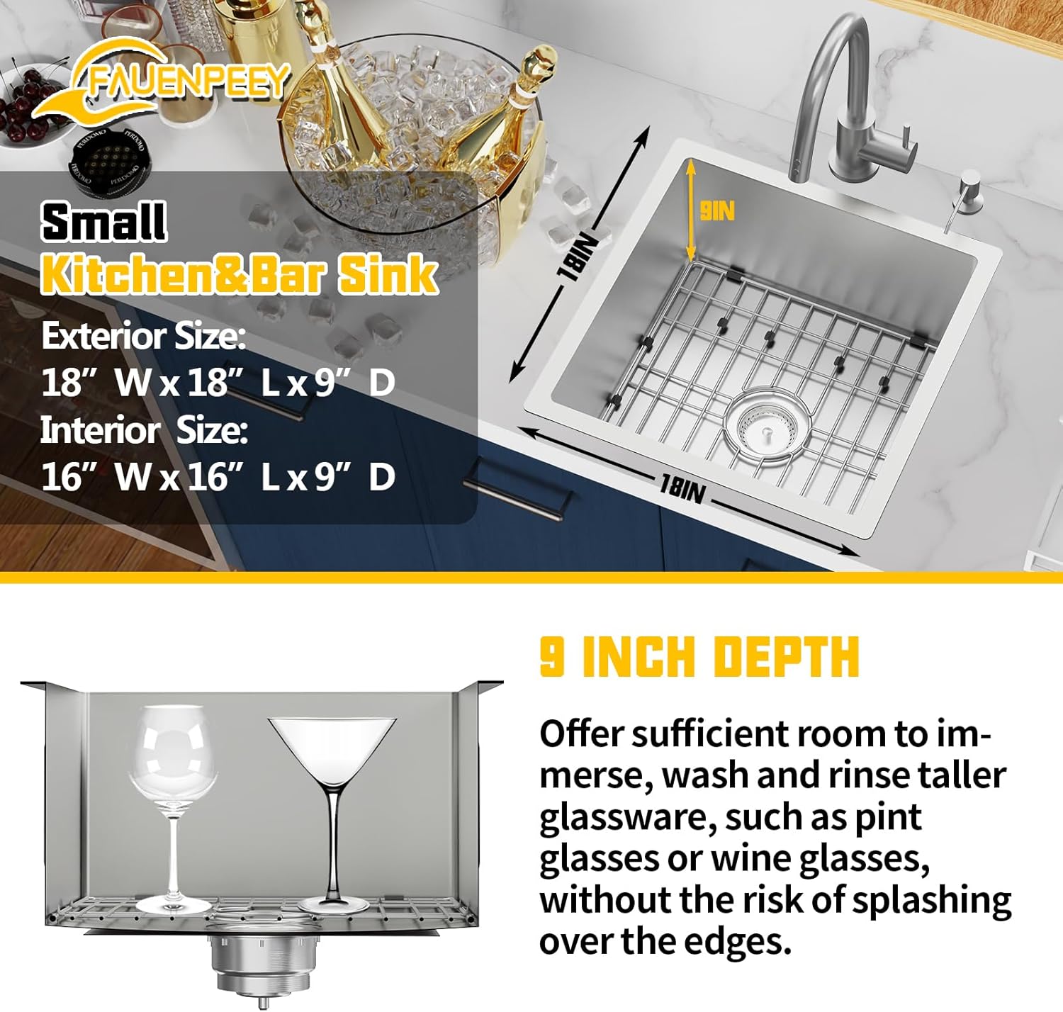 Small Kitchen Sink,18x18 In Bar Sink Stainless Steel Undermount Small Kitchen Sink Ideal Choice For Small Space Nice As Undermount Prep Sink,RV Kitchen Sink With Bottom Grid,Silicon Mat And Drain Set