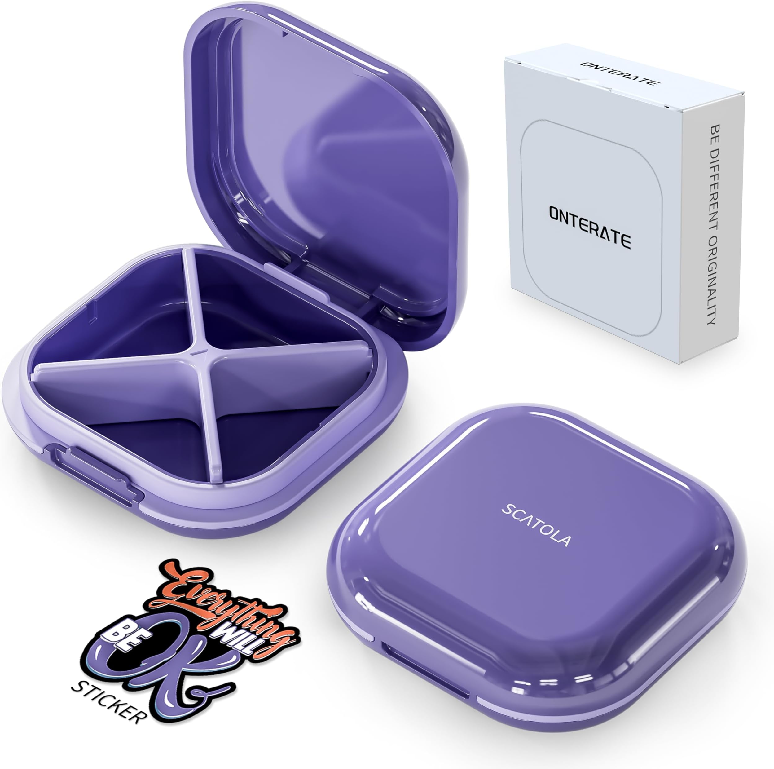 ONTERATE Small Pill Case, Travel Pill Box, Portable Pill Organizer, Pill Container for Pocket 4 Compartments, Daily Compact Travel Medicine Holder for Vitamins Medication (Purple)