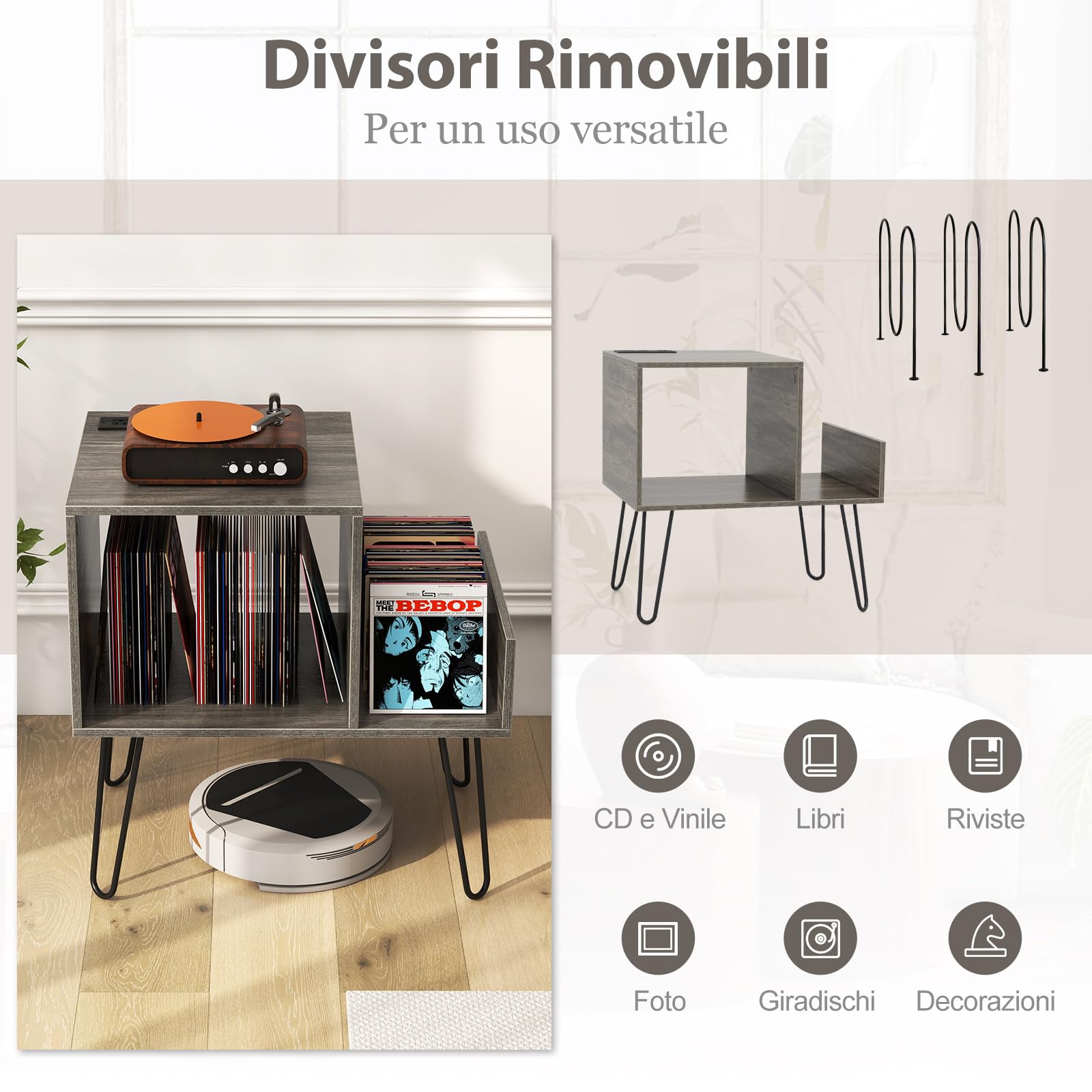 COSTWAY Supporto per Giradischi con Presa di Corrente, Espositore per Dischi con Presa di Corrente e Porta USB, Capacità Fino a 145 Album, per Soggiorno e Camera da Letto, 66 x 45 x 67 cm (Grigio)