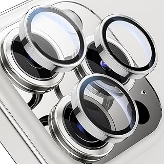 واقي عدسة كاميرا آيفون 16 برو/16 برو ماكس، زجاج مقوى 9H مقاوم للخدش والصدمات، سهل التركيب والإزالة (فضي)