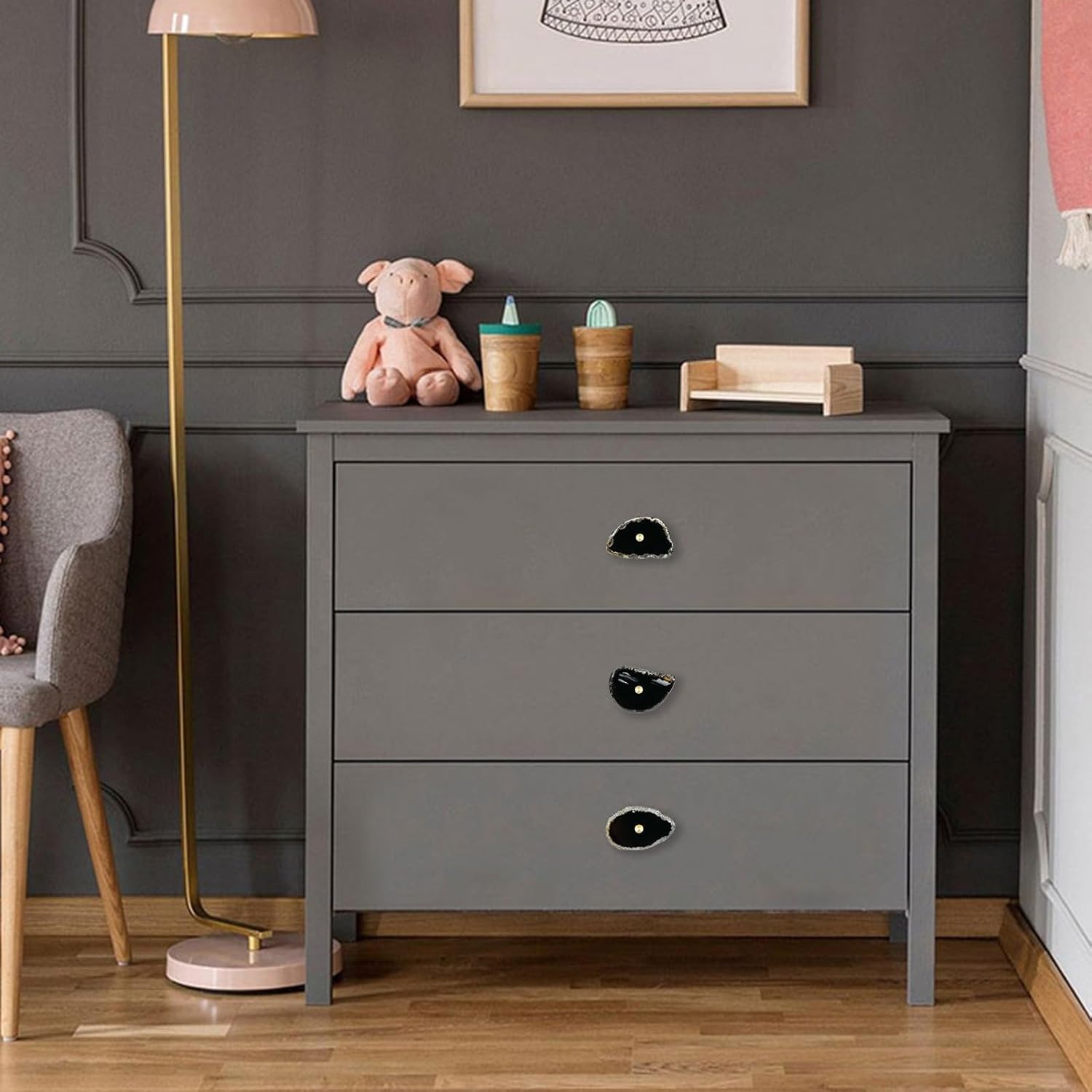 moonsix Set of 4 Agate Slice Cabinet Knobs with Screws, Black Geode Stone Drawer Handles Decorative Dresser Pulls for Cupboard Closet Wardrobe