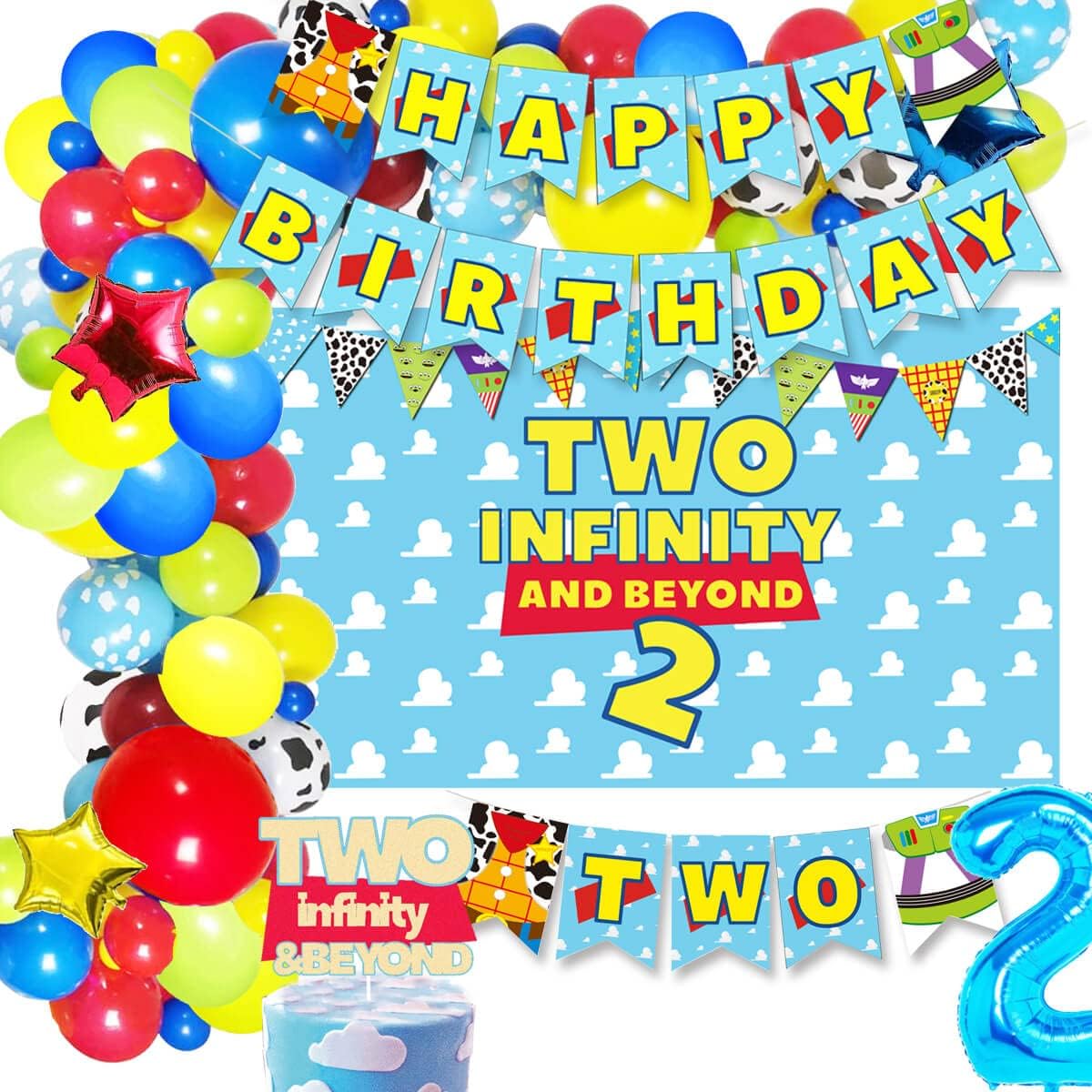 Two Infinity and Beyond Backdrop Buzz Banner Light Year Cake Topper Toy Inspired Story 2nd Birthday Balloons Garland Party Supplies Decorations Photo Prop for Girl Boy Baby Background