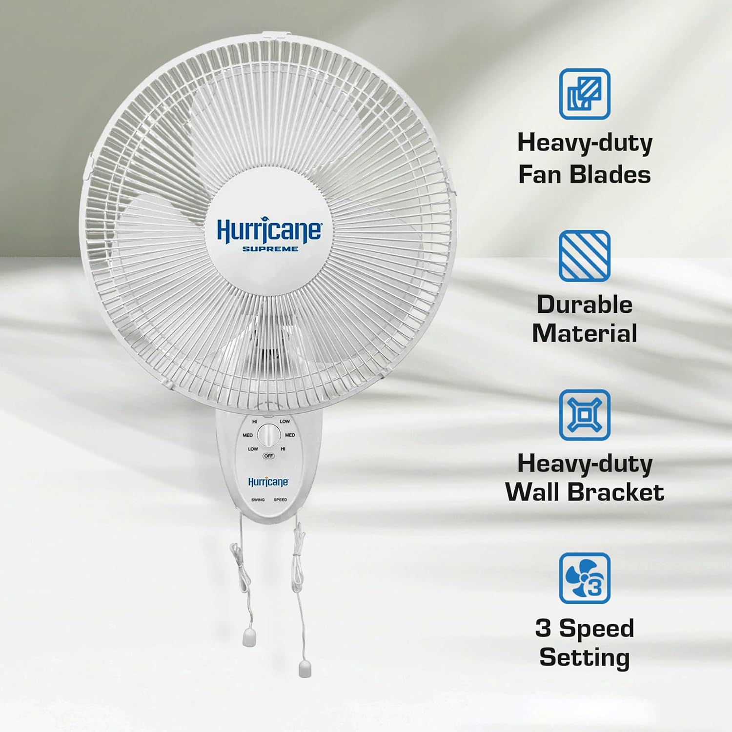 Hurricane Supreme 12” Portable Oscillating Wall Mount Fan, Space Saving, Powerful, Quiet 3 Speed Airflow, Adjustable Tilt for Home & Workshop, 2 Pack