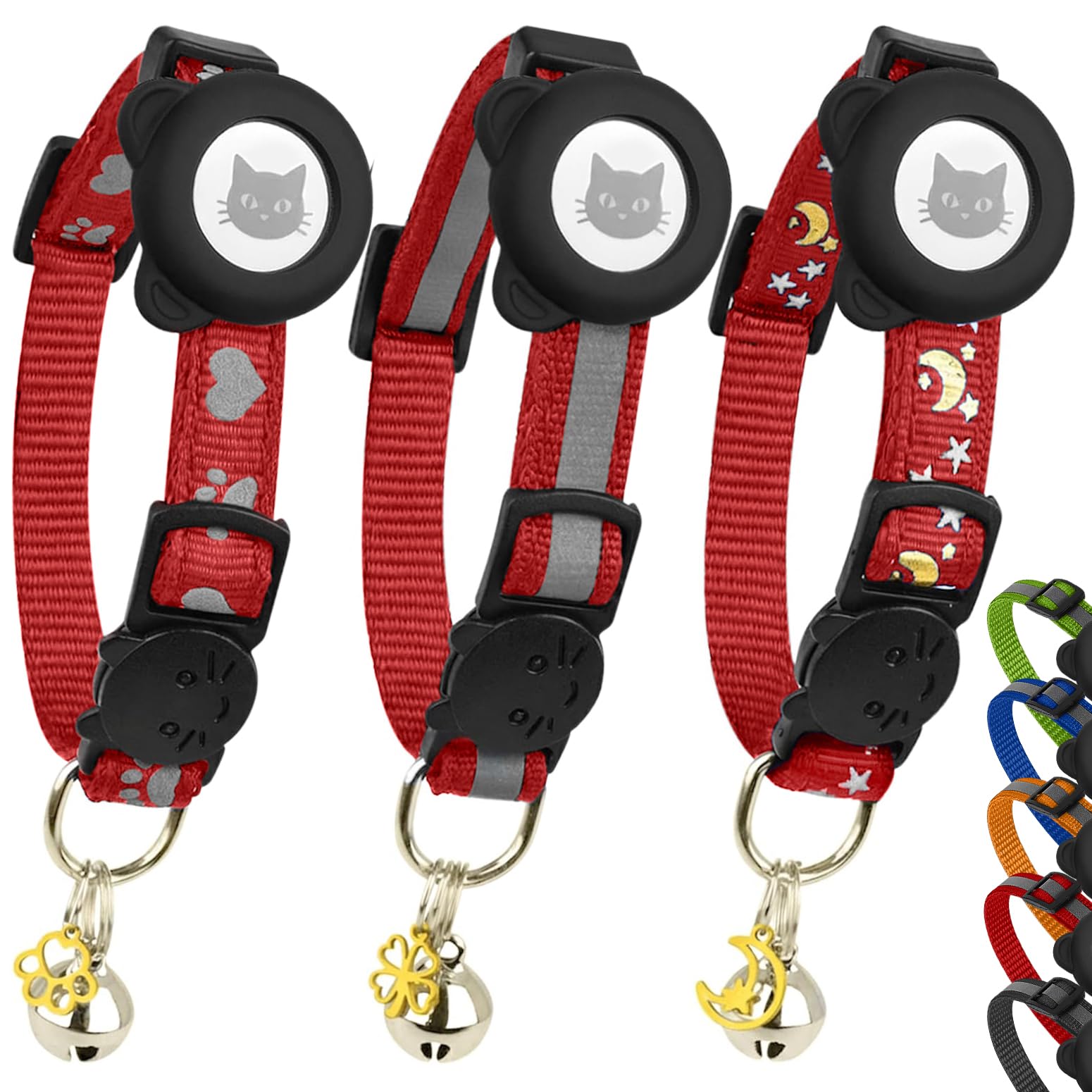 Cat Collar with AirTag Holders, 3-Pack, Reflective Breakaway Safety Collars, Bells and Matching Charms, Adjustable, Paw Hearts, Moon Stars Design, Lucky Charm, Red — image 1