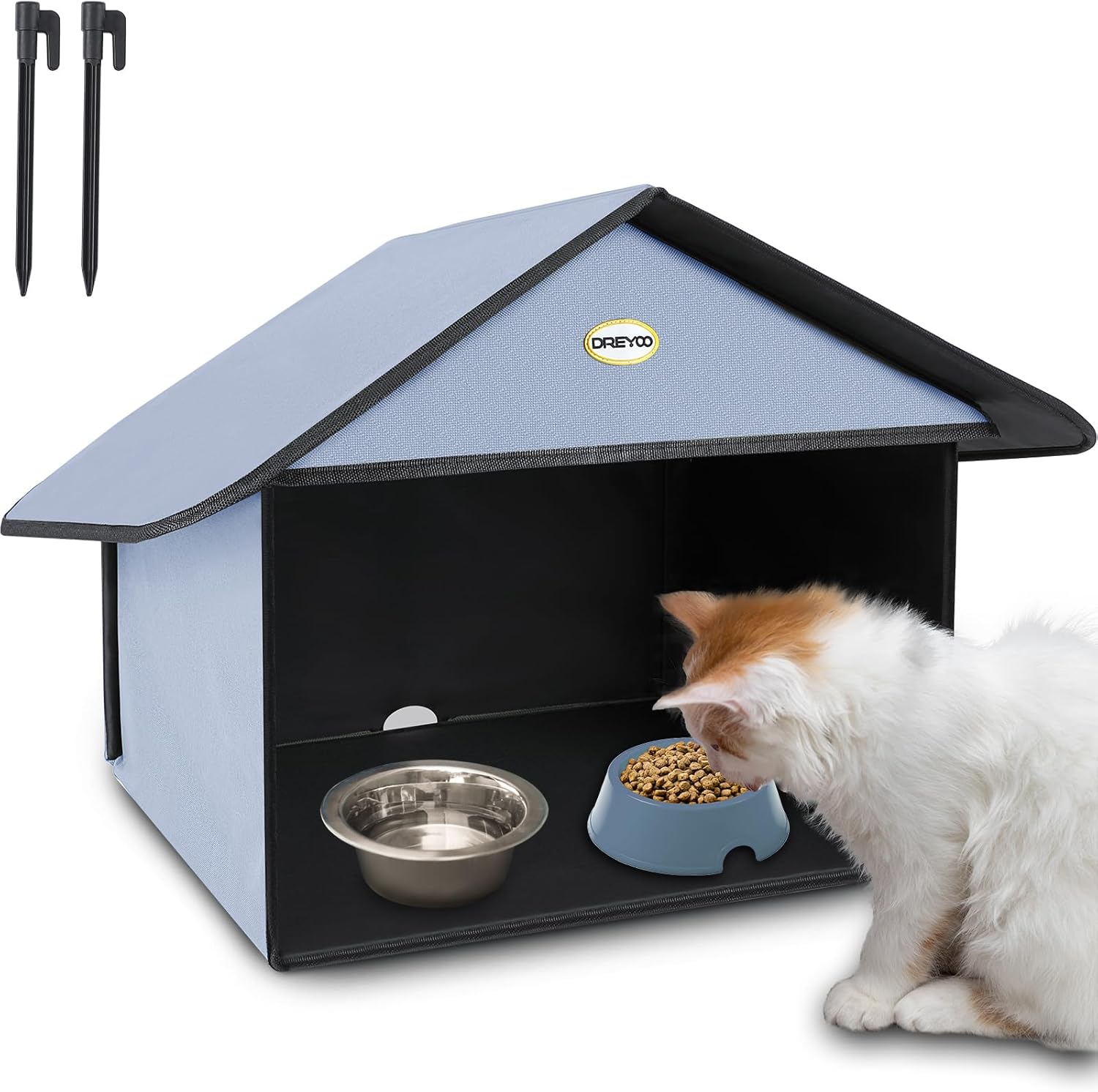 Outdoor Cat Feeding Station for Stray Cats – Weatherproof Shelter (Dusty Blue)
