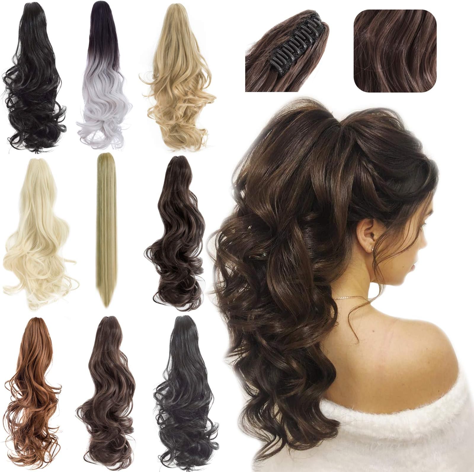 FELENDYPonytail Extension Claw 18" 20" Curly Wavy Straight Clip in Hairpiece One Piece A Jaw Long Pony Tails for Women Natural Black
