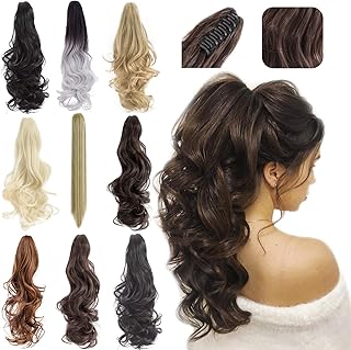 FELENDY Ponytail Extension Claw 18" 20" Curly Wavy Straight Clip in Hairpiece One Piece A Jaw Long Pony Tails for Women Dark Brown