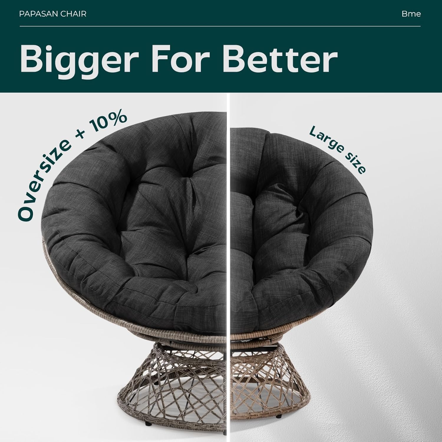 Bme Metal Oversized Swivel Papasan Chair, Living Room Chair with Black Cushion, Gray Frame, 360° Swivel, Skillfully Woven Resin Wicker, 46 Inch Wide, Bee-Designed Base, Modern Style, Indoor Use